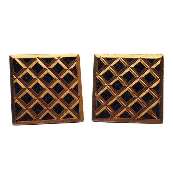 Square Black & Gold Tone Cufflinks Lattice Retro Grid Geometric Vintage Mens - Picture 3 of 10